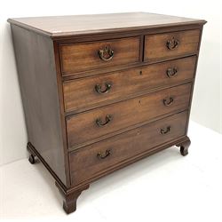 19th century mahogany chest, two short and three long cockbeaded graduating drawers, ogee bracket supports