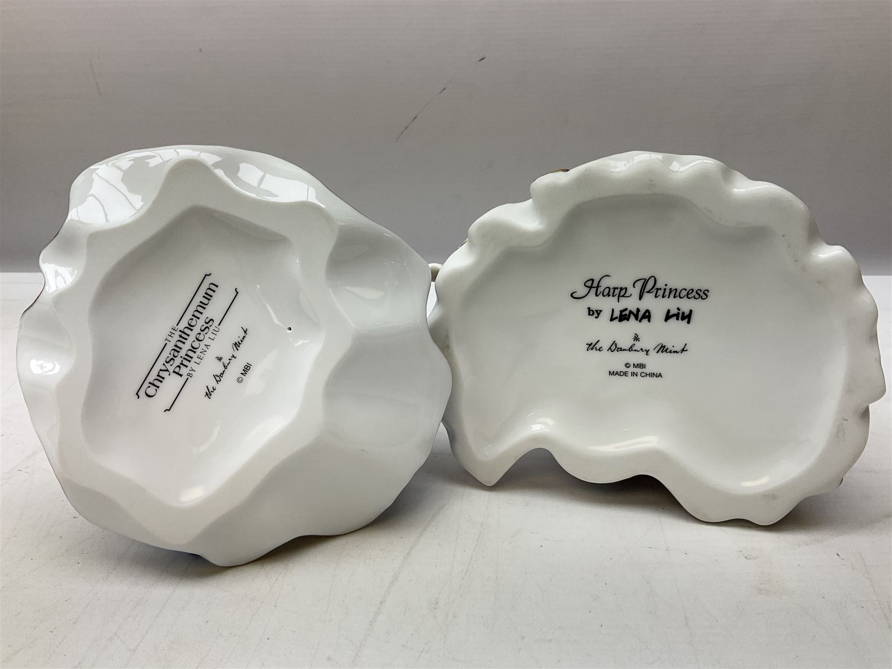 Five Danbury Mint Princess figures by Lena Liu, comprising Harp Princess, Plum Blossom Princess, Chrysanthemum Princess, Rose Princess and Iris Princess, one with certificate, all with marks beneath