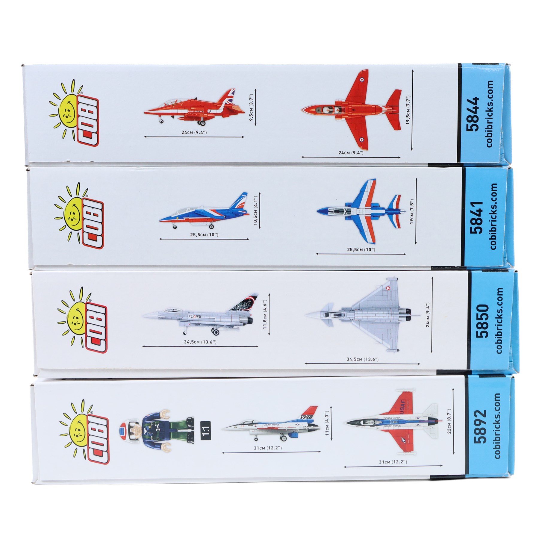 Four Cobi Bricks 1:48 scale Armed Forces model aircraft sets, comprising no. 5850 Eurofighter Typhoon, no. 5892 F-16 YF-16 First Flight 1974, no. 5841 Alpha Jet Patrouille De France and no. 5844 BAe Hawk T1 'Red Arrows', all in sealed boxes