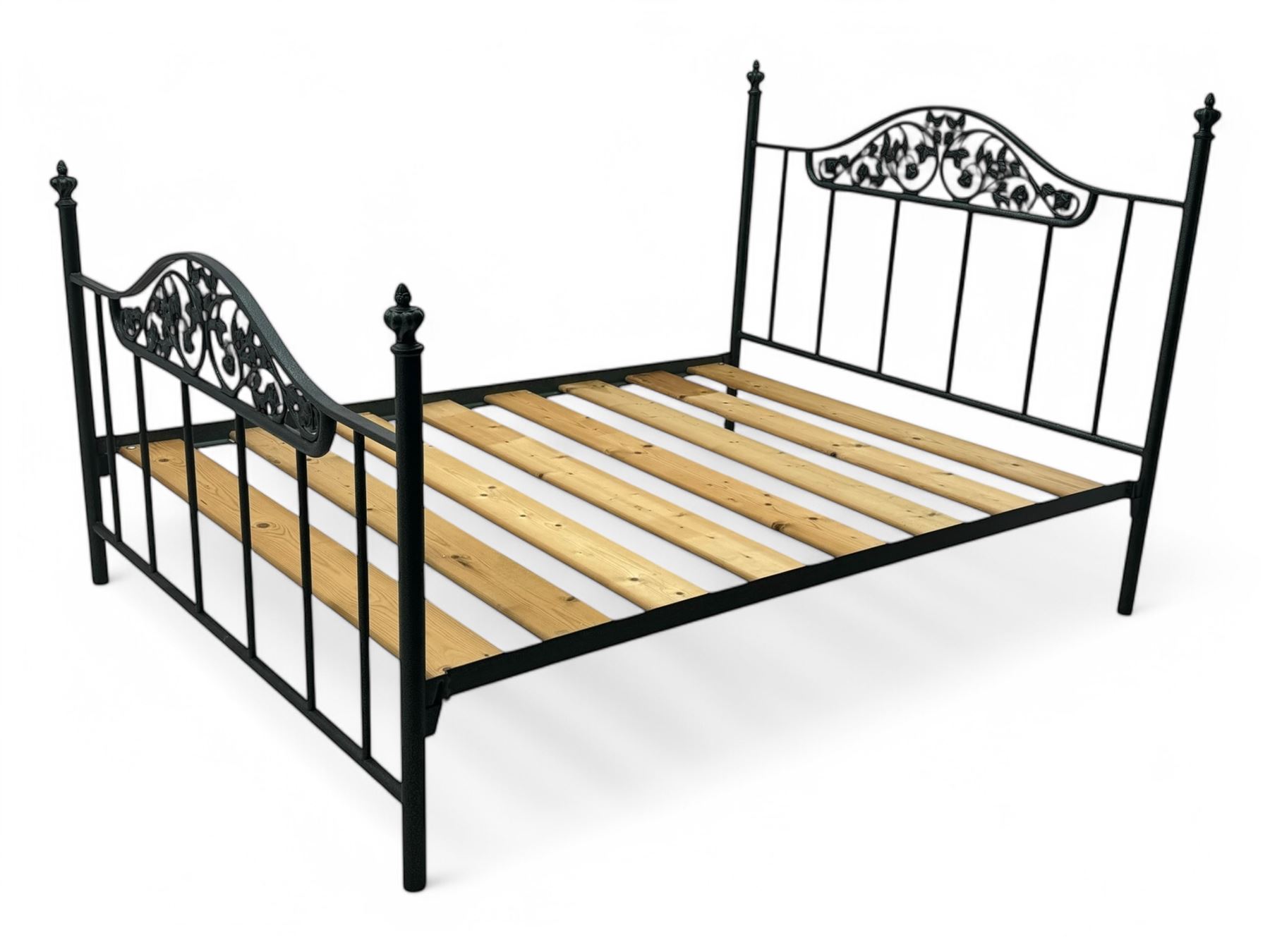 Contemporary metal double bed frame, shaped head and footboards with foliate cast panels and vertical rod supports, the corner posts with urn-shaped finials, finished in a mottled verdigris-style green, with pine slatted base