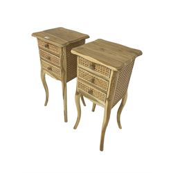 Pair hardwood bedside tables, shaped moulded top over three drawers, on cabriole supports 
