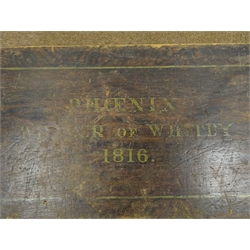  19th century painted pine rectangular box, hinged lid named 'Phoenix Whaler of Whitby 1816' containing a collection of Shipwrights tools, including Mauls, Hammers, Irons, Gouges etc, W110cm, D27cm, H26cm: Provenance sale of contents of Carr Mount in Sleights 2007, the home of Gideon Smales, one of Whitby's most famous Shipbuilding families.   
