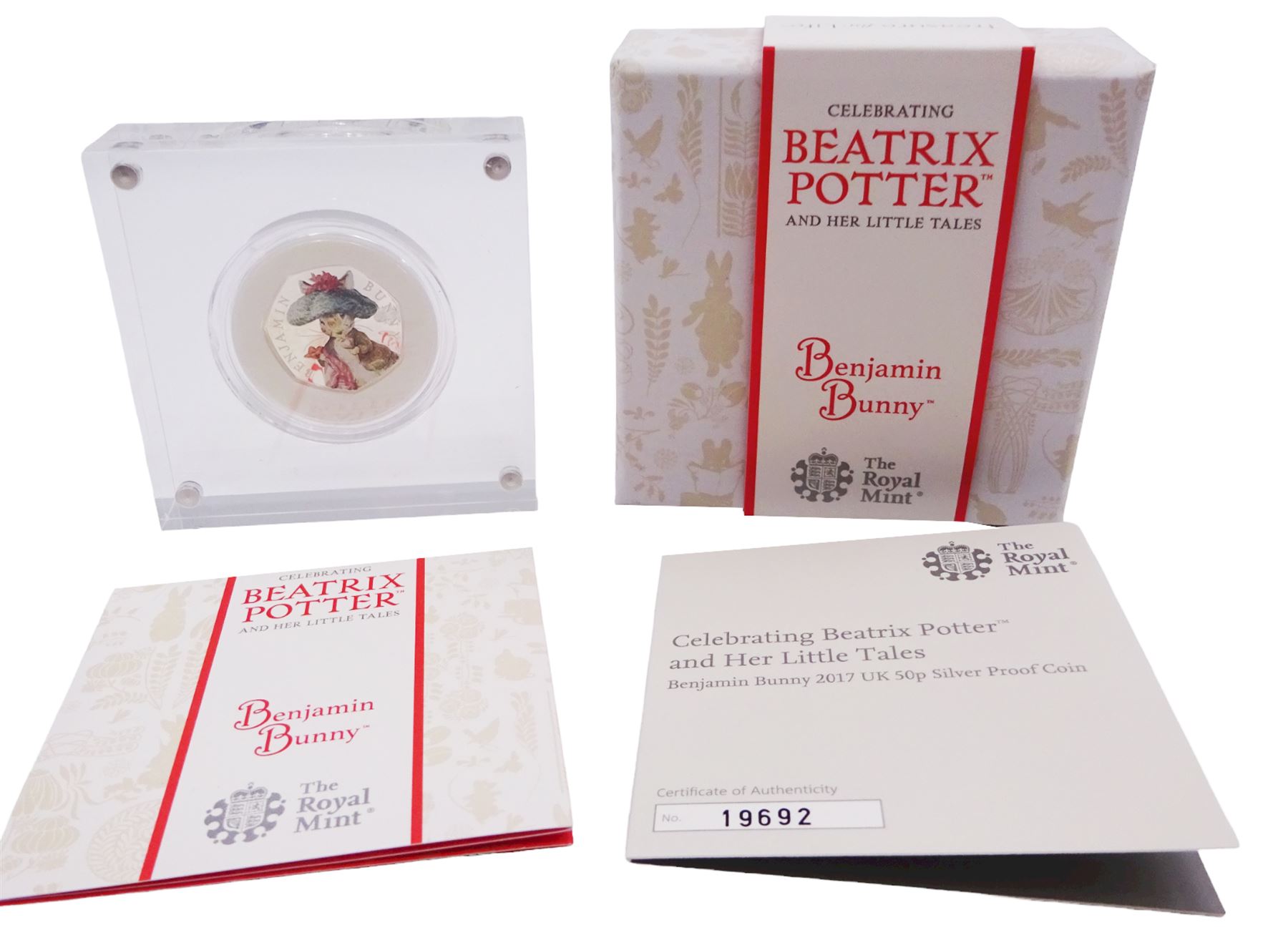Three The Royal Mint United Kingdom Beatrix Potter silver proof fifty pence coins, 'Benjamin Bunny', 'Mrs Tittlemouse' and 'Peter Rabbit' all cased with certificates