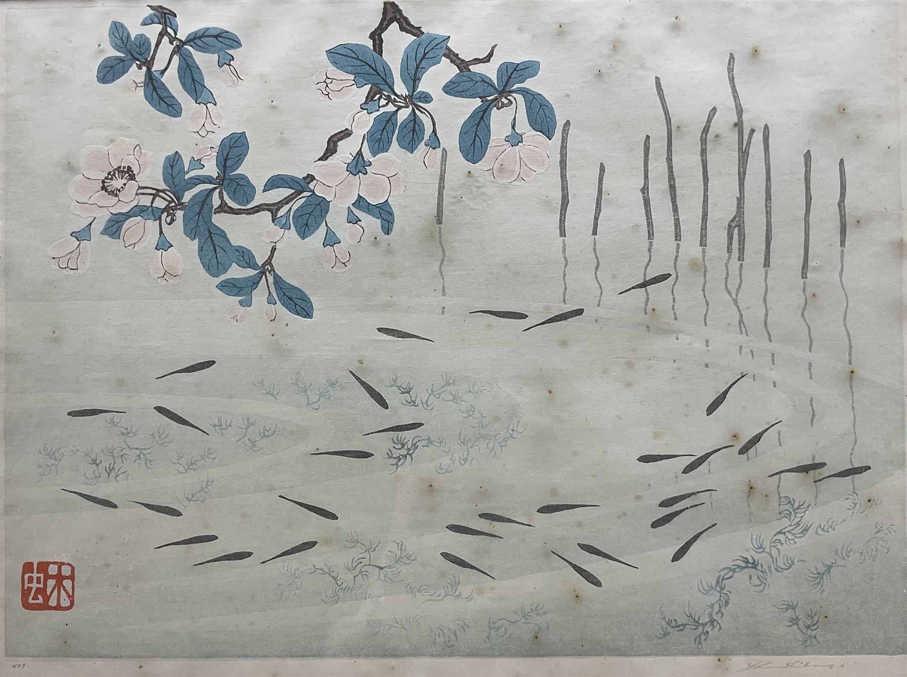 Urushibara Mokuchu (Japanese 1888-1953): 'Lake', woodblock print signed and numbered No.8 in pencil 25cm x 33cm