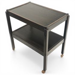 Acornman - dark stained oak two-tier stacking tea trolley, the rectangular removable top, above a second tier raised on castors, with carved acorn signature, by the workshop of Alan Grainger of Brandsby