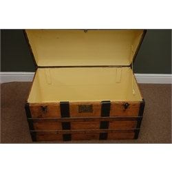  Pine domed top metal bound trunk, hinged lid, W87cm, H55cm, D52cm  