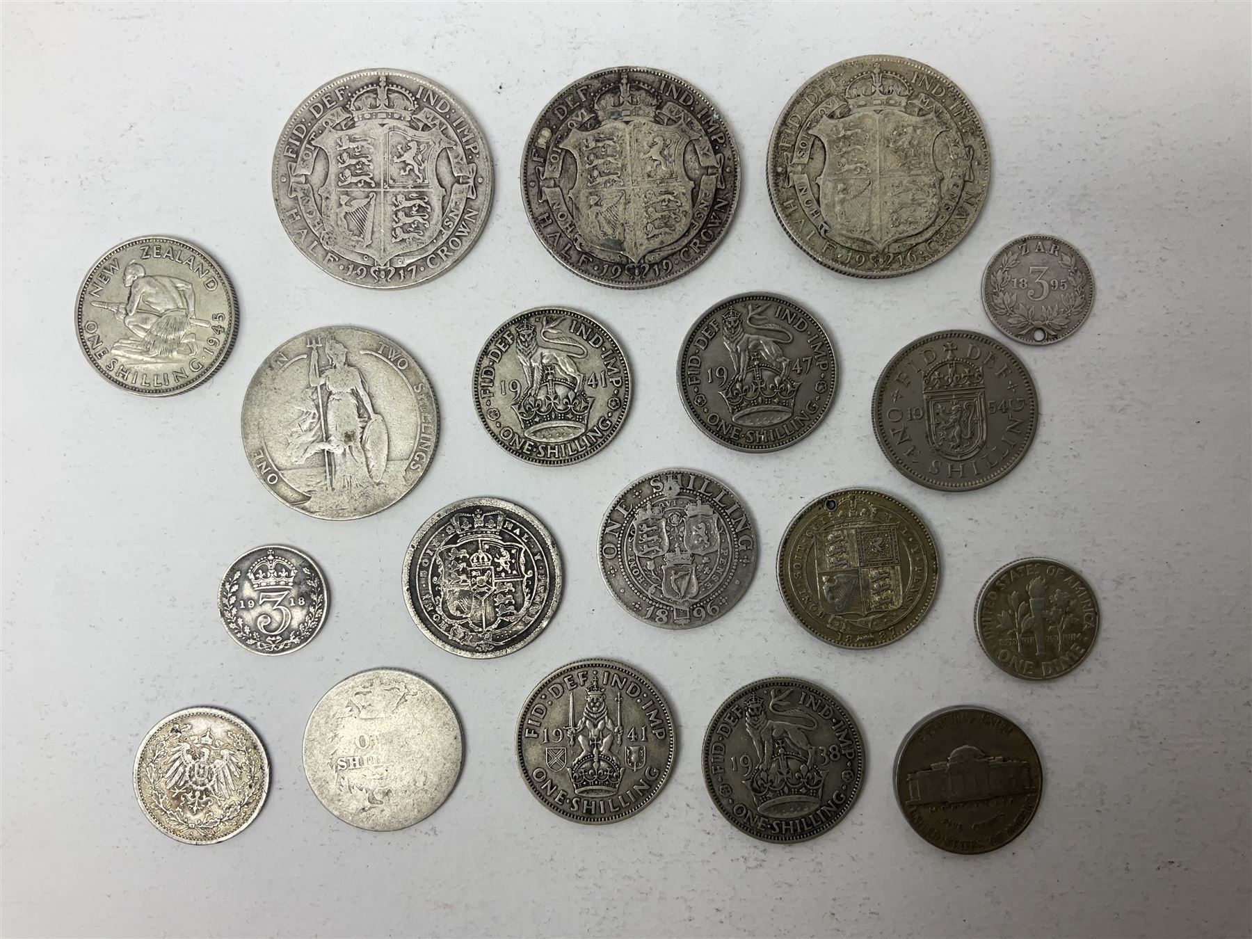 Three King George V silver halfcrown coins dated 1916, 1917, 1919, King Edward VII and Queen Victoria pre 1920 silver coins and other coinage