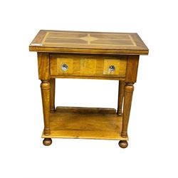 Barker and Stonehouse -  contemporary 'Flagstone' side table, rectangular crossbanded top with central diamond inlay, over single frieze drawer with faceted glass pulls, turned columns and undertier shelf, raised on bun feet