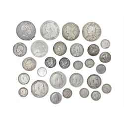 Approximately 145 grams of Great British pre 1920 silver coins, including George III 1817 halfcrown, Queen Victoria Gothic florin, 1887 halfcrown, King Edward VII 1907 standing Britannia florin etc