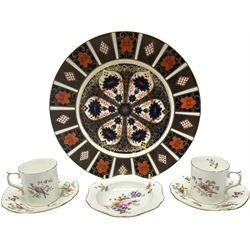 Royal Crown Derby Imari plate decorated in the 1128 pattern, together with two Royal Crown Derby coffee cans and saucers decorated with exotic birds and heightened with gilt, and a Royal Crown Derby pin dish decorated with floral sprays