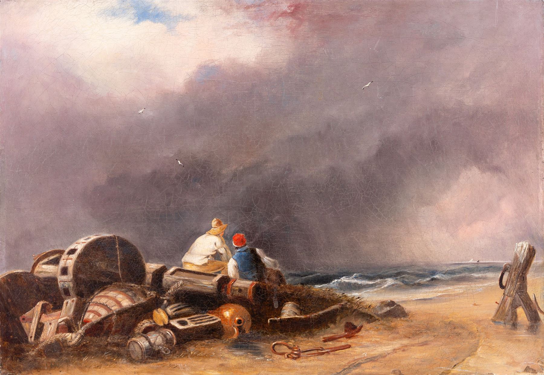 Follower of John Sell Cotman (British 1782-1842): Fishermen Resting on the Norfolk Coast, oil on canvas unsigned 41cm x 59cm