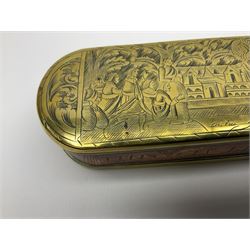 Late 18th/early 19th century Dutch brass and copper tobacco box, of oval form, the hinged opening cover and base engraved with figural scenes, the sides engraved with script, H3cm L15.5cm