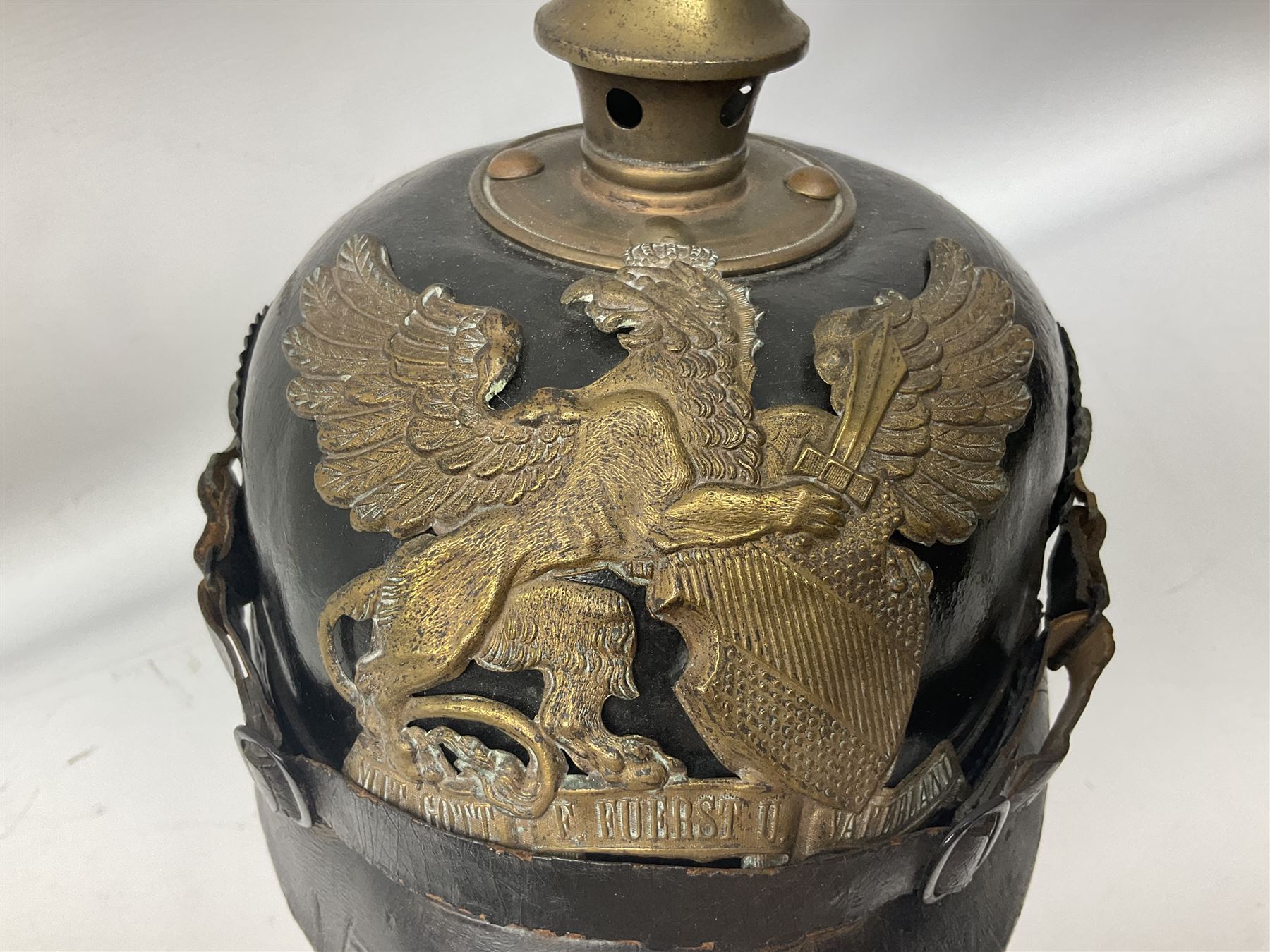 WW1 German leather Pickelhaube helmet with brass plate for Baden regiment, leather strap and leather part only of liner