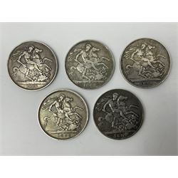 Five Queen Victoria crown coins, dated 1888, two 1889, 1893 and 1897