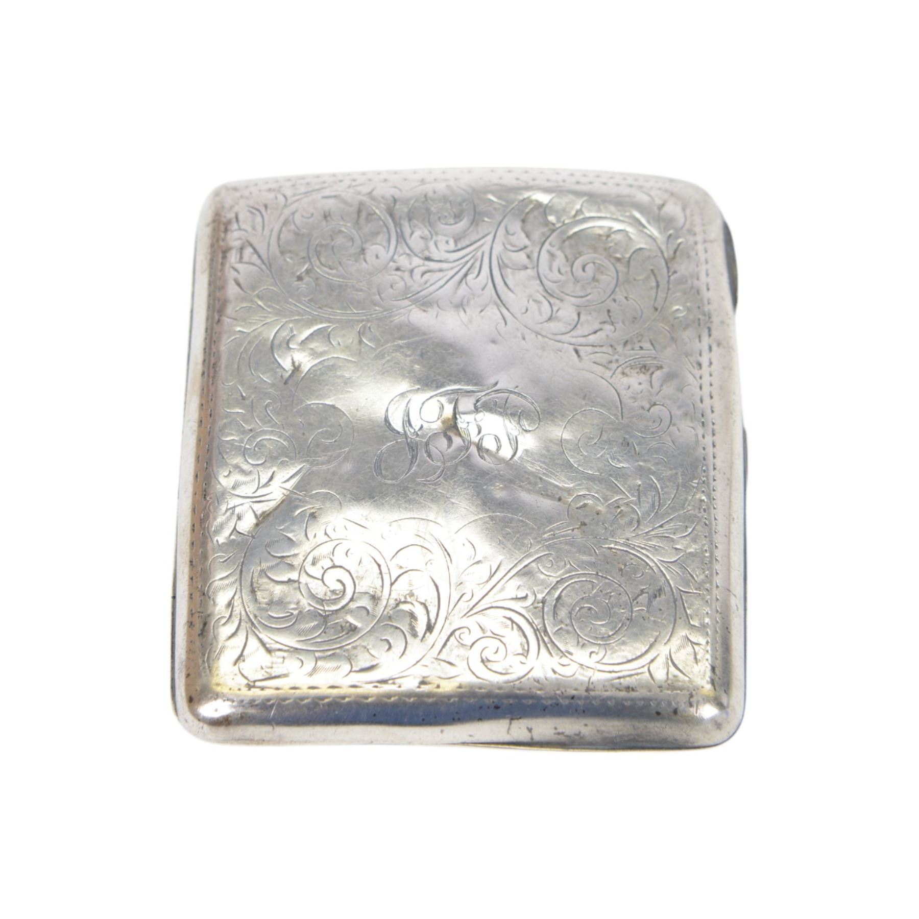 Early 20th century silver cigarette case, together with a small group of silver cutlery including mother of pearl handled pickle fork, cake fork and pair of sugar tongs, all hallmarked