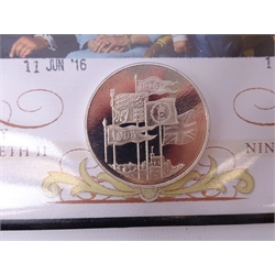  Five silver coin covers 2015 'Longest Reigning Monarch of our Royal Family' containing twenty pounds coin, 2016 '90th Birthday' containing twenty pounds coin, 2016 '90th Birthday' containing 1996 silver proof five pounds, 2019 'Queen Elizabeth II Birthday' containing two pounds fine silver coin and 2019 '50th Anniversary of the Moon Landing' containing Alderney five pounds, all housed in presentation folders  