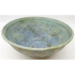  Large studio pottery textured bowl decorated in relief, signed Marg, D35cm   