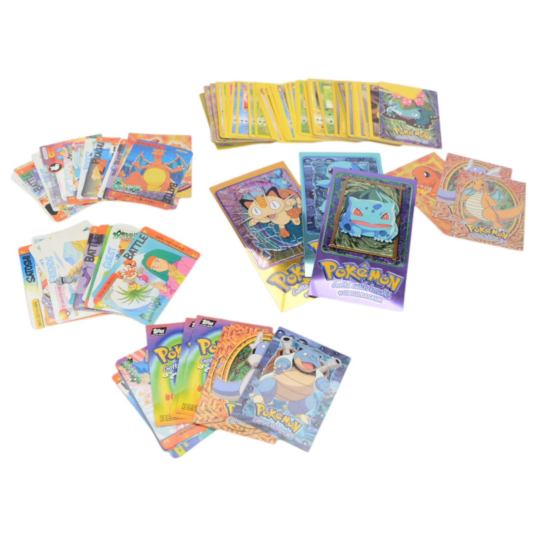 Collection of Pokemon TGC trading cards, including two WB First Movie Black Star promo cards Pikachu no. 4 and Dragonite no. 5, two Ancient Mew Black Star holo promo cards, Gym Challenge Giovanni's Persian 8/132 holo and a small collection WOTC, Neo Discovery and Neo Genesis cards, together with thirty four Bandai Carddass Pokemon cards, including prism Charizard no. 186 and Pokemon Topps cards including holo examples 