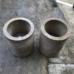 Pair stone circular planters with rubbed bases, D45cm, H60cm