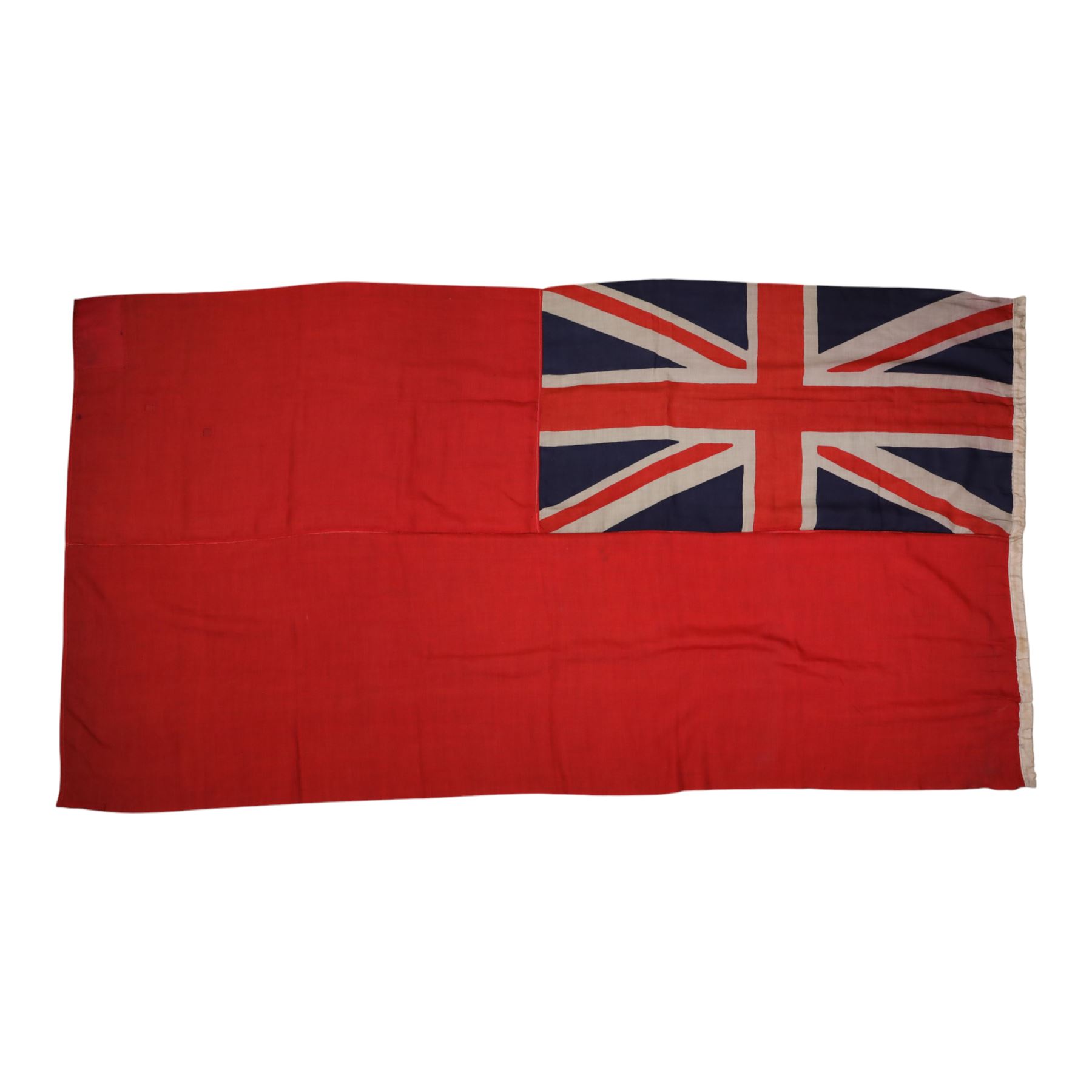 Four large linen ship's flags, including Red Ensign, Union Jack, White Ensign and one other, Red Ensign H140cm,W260cm