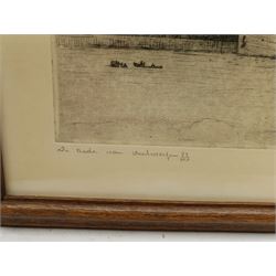 Douglas Ian Smart (British 1879-1970): 'Limoges', drypoint etching signed in pencil, titled verso on gallery label; Romain Malfliet (Belgian 1910-2006): Busy Continental River, etching signed titled and numbered 43/100 in pencil; and a further Scottish coastal etching signed Walter Towers, max 24cm x 68cm (3)