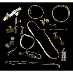 Collection of silver jewellery including bangles, cufflinks, bracelets, tie clips and pendants, approx 4.4oz