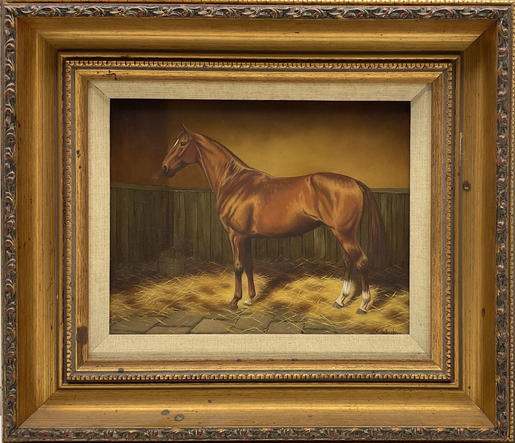 Sue Whigham (British 1957-): Bay Horse in Stable Interior, oil on canvas signed 7.5cm x 23.5cm