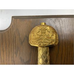 Sword of Charlemagne, gold leaf lion headed handle with gold etched stainless steel blade and with oak mounting board, H114cm