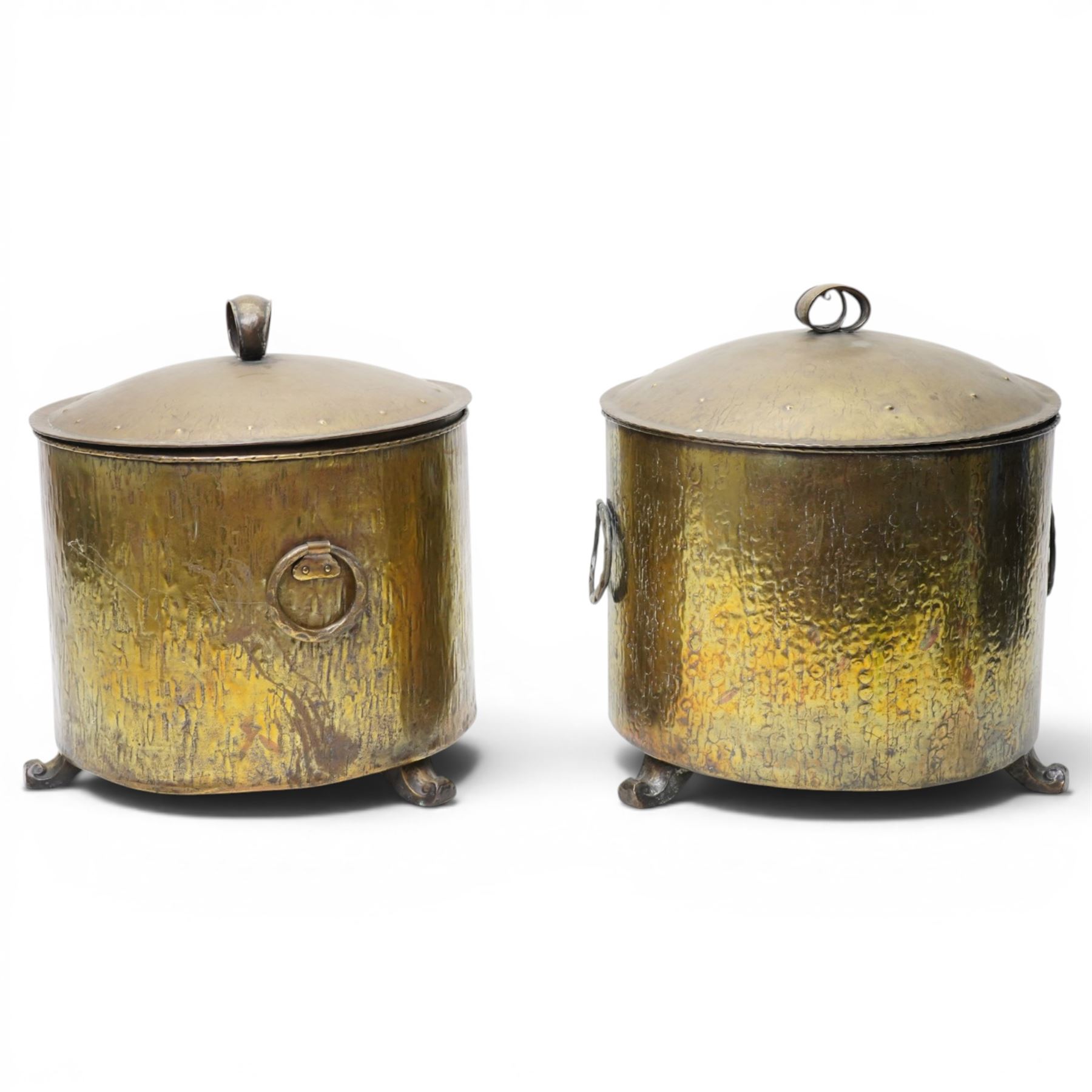 Pair of 19th century brass coal buckets, twin carrying handles and with liners, on scroll feet, H42cm (2)
Provenance: Kirkham Hall