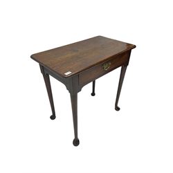George III oak low boy, fitted with single drawer, raised on tapered supports with pad feet