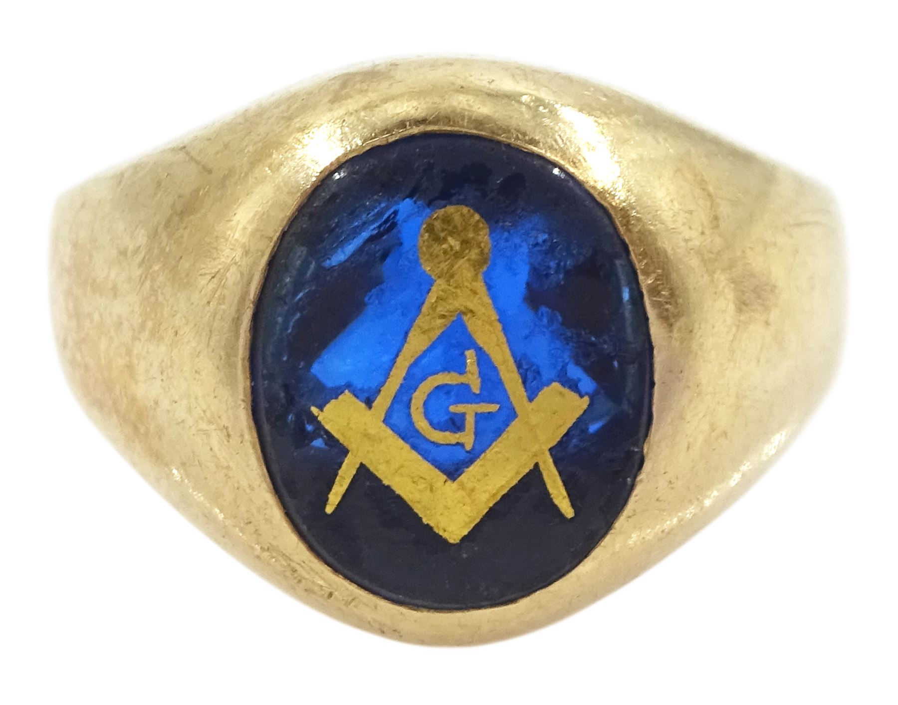 10ct gold blue glass masonic ring, stamped