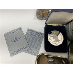 Great British and World coins, including George I 1723 farthing, Queen Victoria 1875 halfcrown, King George V one shilling, pre decimal coinage, commemorative crowns, United States of America 1921 Morgan dollar with soldered loop attached etc