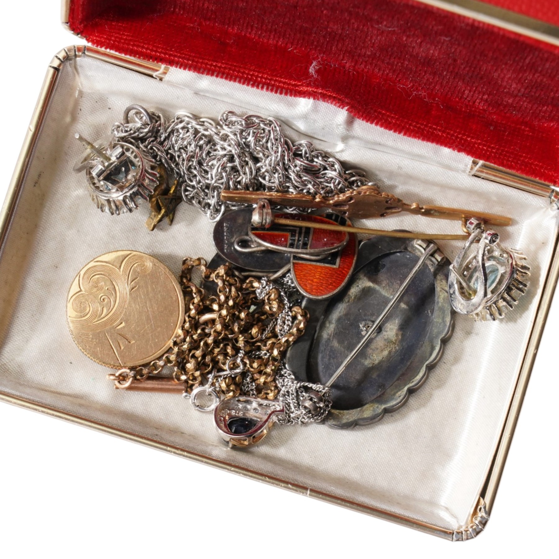 Victorian dress stud with horseshoe motif, two silver pocket watches, silver-plated pocket compass, silver pendant earrings, St George and the Dragon silver coin, mounted as a pendant, silver paste set bracelet, WW1 Victory medal awarded to PTE N Fisher, R Scots, costume jewellery etc 