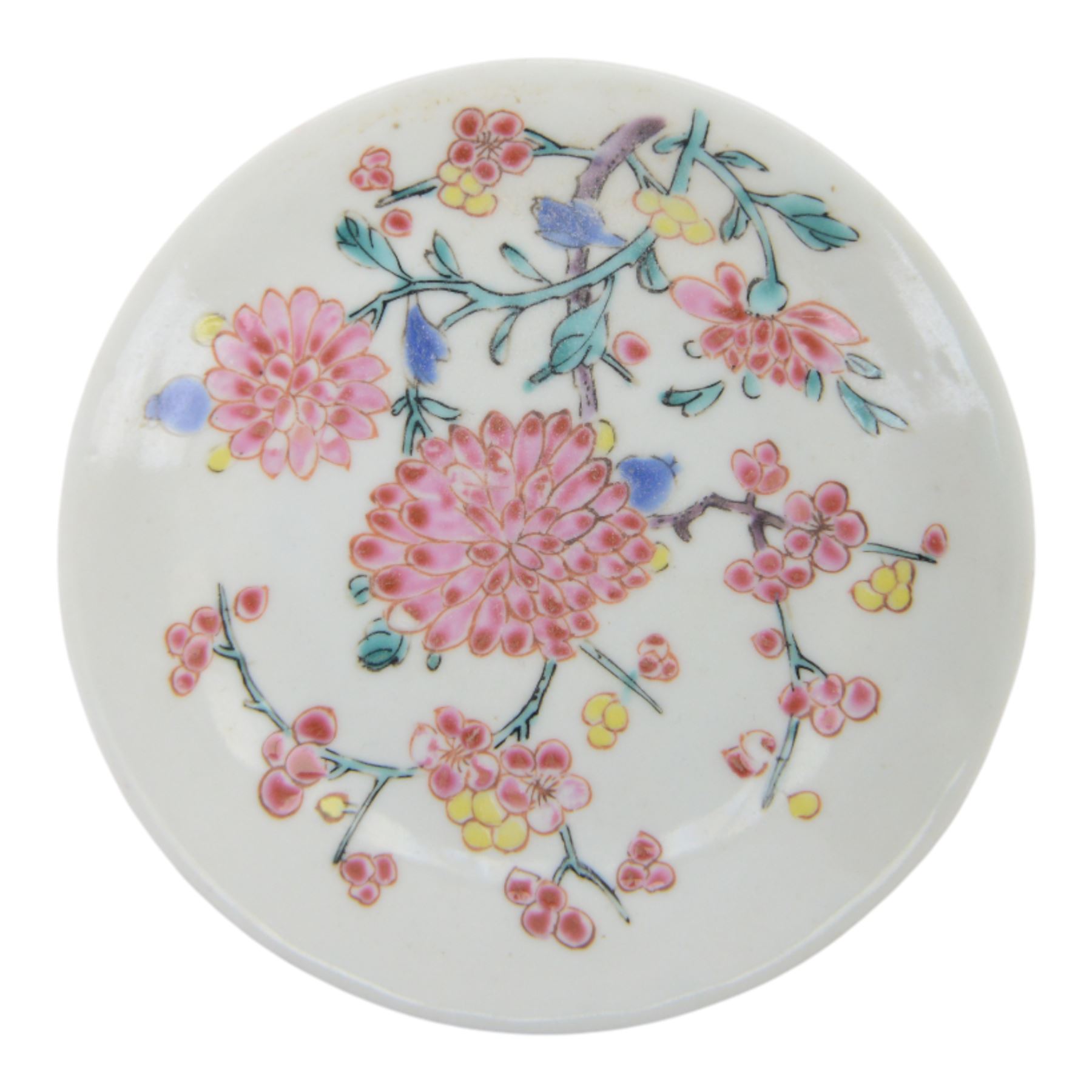 Amsterdam bont teapot, decorated with a basket of flowers, together with two Amsterdam bont saucers of similar design and five other saucers  