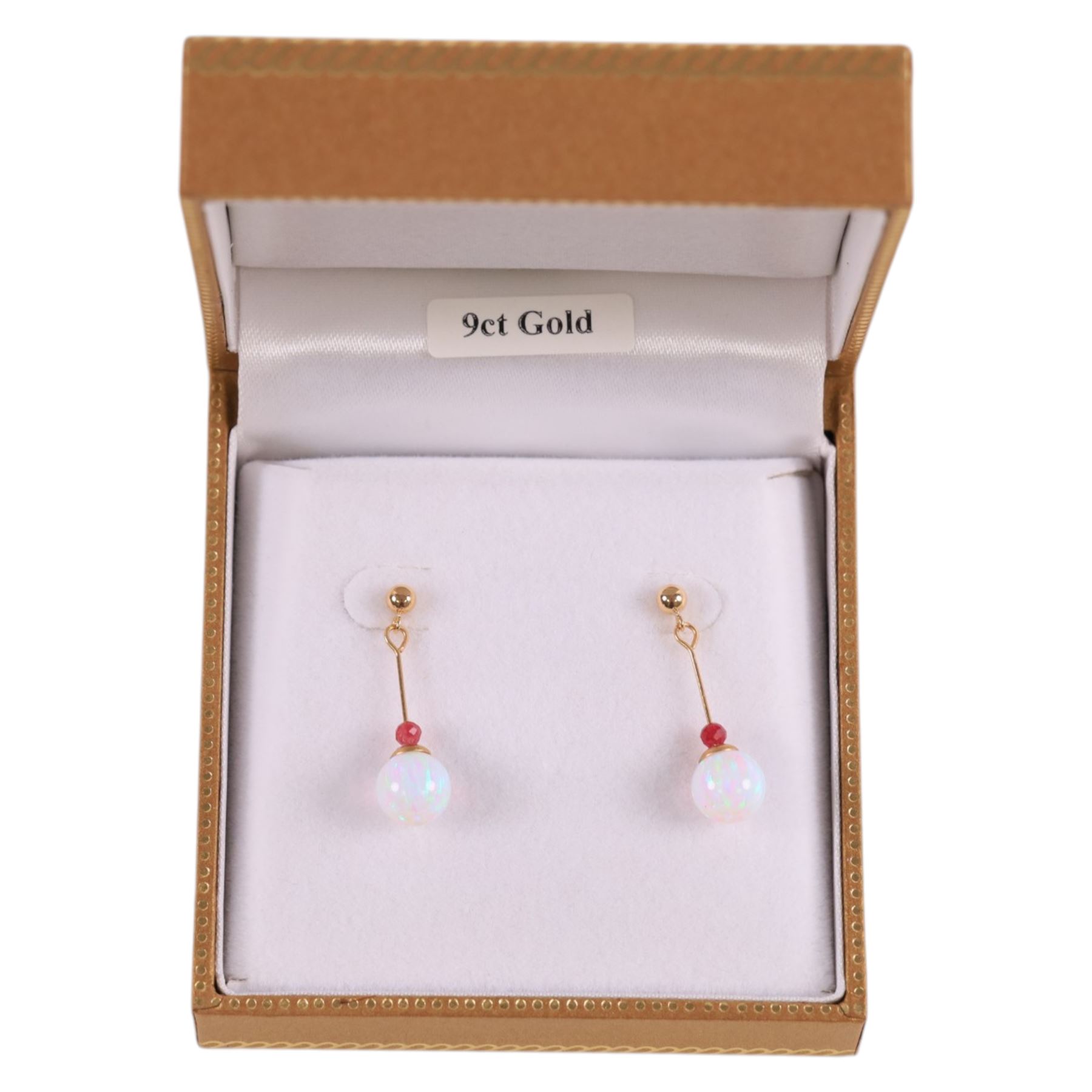 Pair of 9ct gold opal and ruby pendant earrings, boxed, L22mm