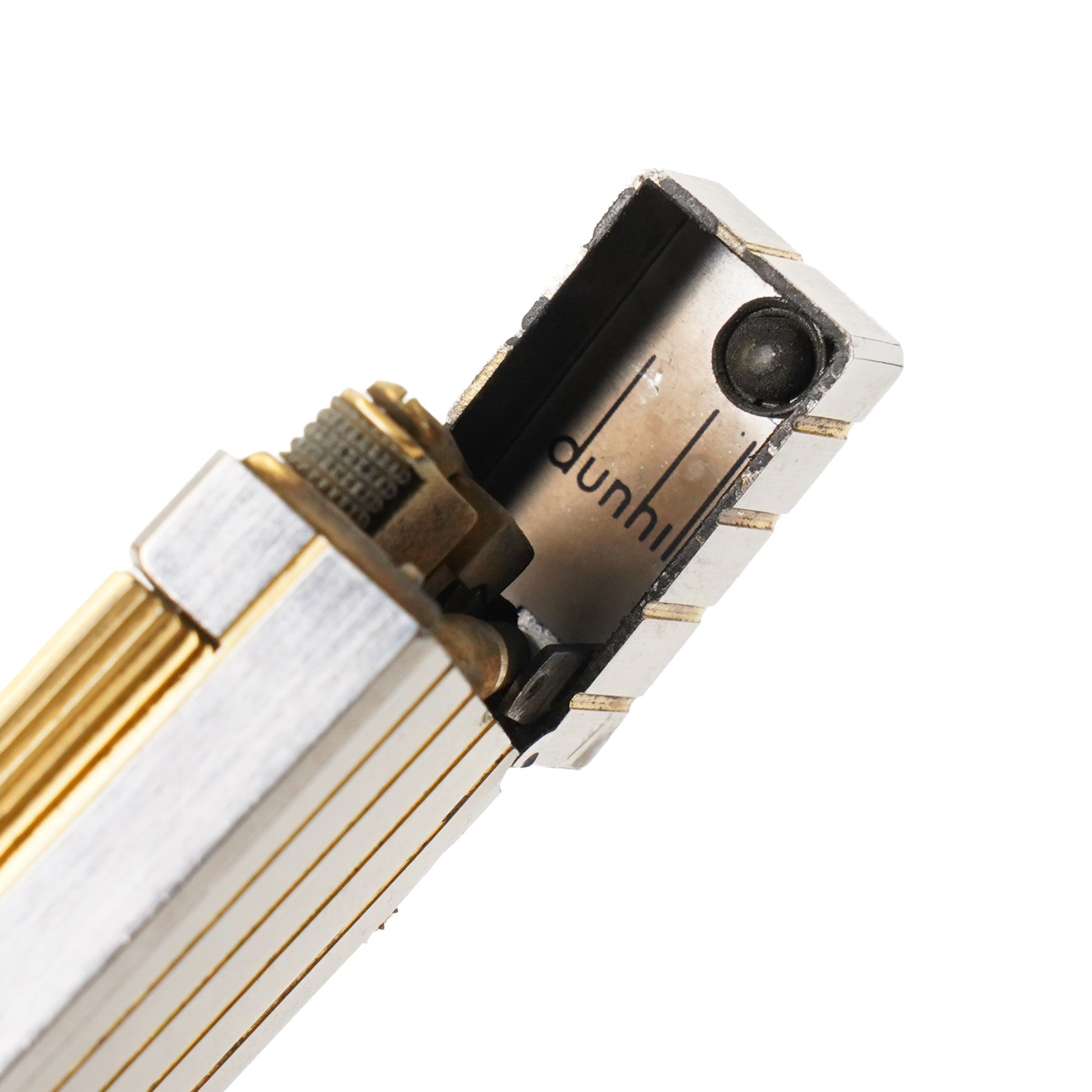 Dunhill - Rollagas lighter, silver-tone metal with gilt linear decoration and gilt ribbed thumbpiece, H6.5cm 