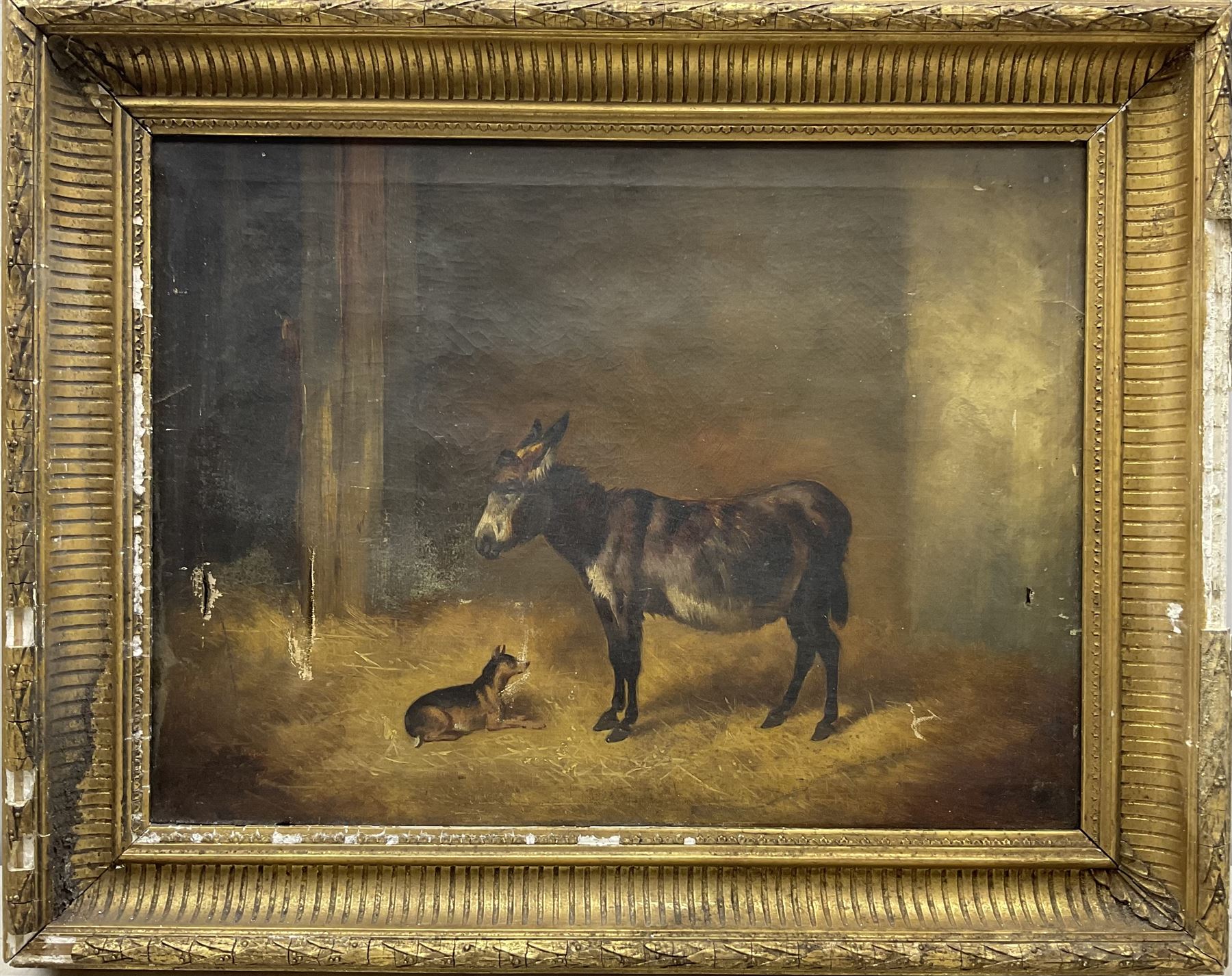 English School (19th Century): Donkey and Dog in a Stable, oil on canvas signed 'J Wheeler' 36cm x 49cm 