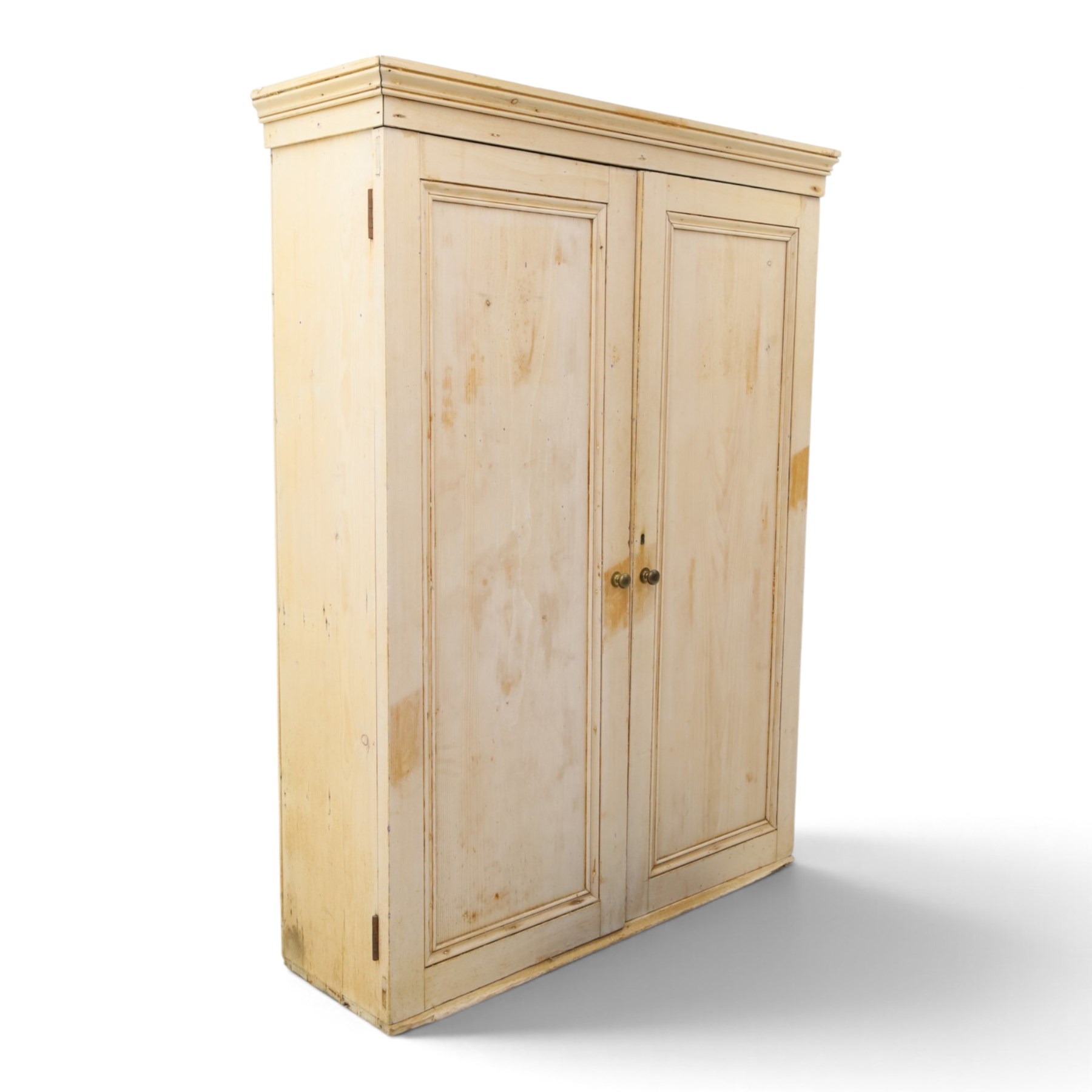 19th century stripped pine linen cupboard, projecting cornice over two panelled doors enclosing five assorted shelves