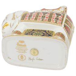 Royal Crown Derby paperweight, Large Imari 1128 Elephant made for Harrods of London, with a gold stopper, limited edition 140/150 with certificate and original box, H21cm 