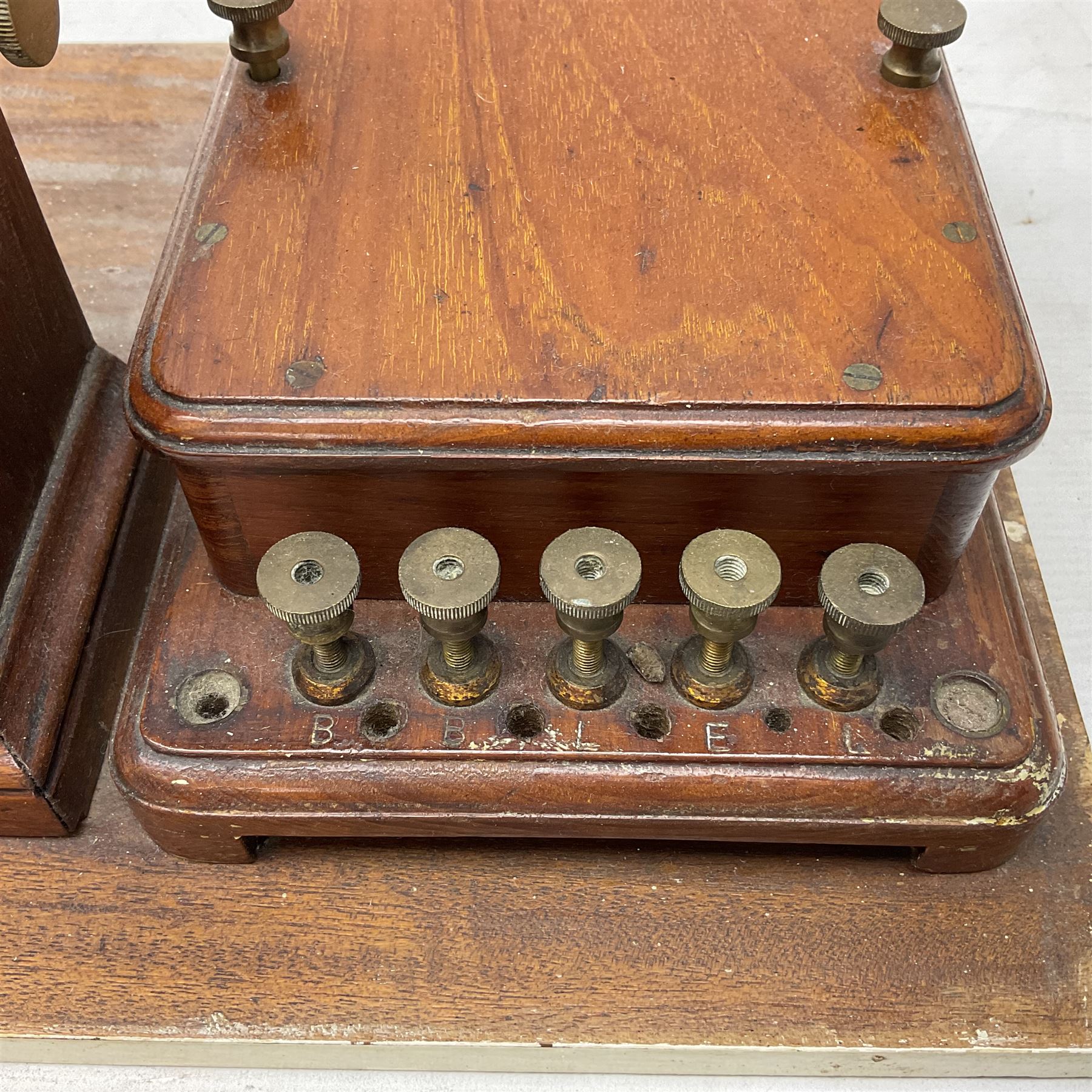 Railway signal boxes, mounted on plinth, with railway block indicators for Up Line and Down Line, having an electromagnetic indicator showing 'Train on Line' 'Line Clear' and 'Line Blocked', and brass signal bell to the centre, L100cm