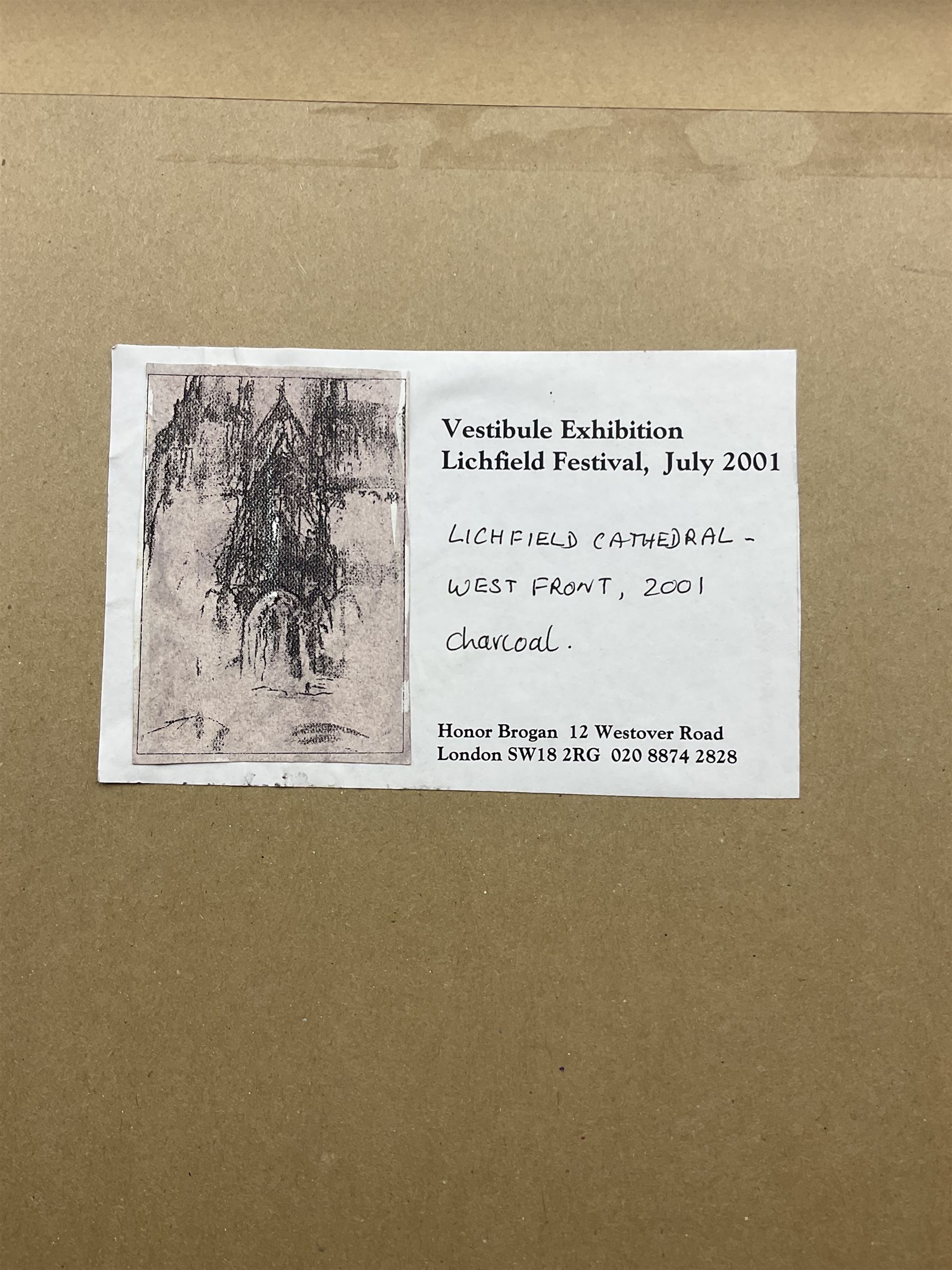 Honor Brogan (British Contemporary): 'Lichfield Cathedral - West Front', charcoal signed, titled and dated 2001 on exhibition label verso 83cm x 58cm
