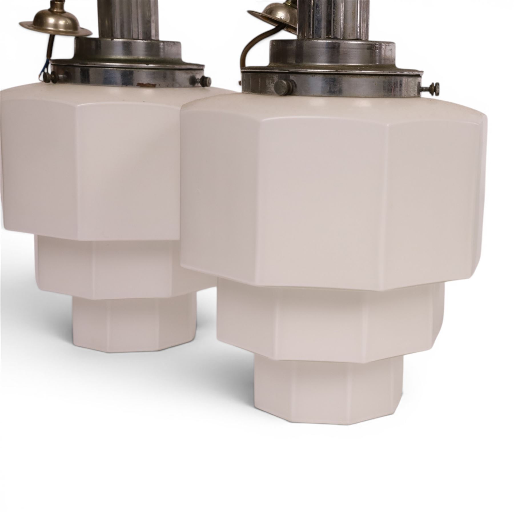 Pair of  mid-century milk glass nonagon ceiling light fittings, together with one other, pair H45cm