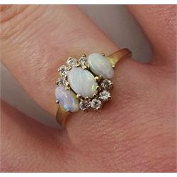 9ct gold three stone opal and cubic zirconia cluster ring, hallmarked