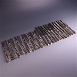 Set of twelve 1920s silver handled dessert knives and forks, hallmarked Thomas Bradbury & Sons Ltd, Sheffield 1921