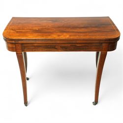 Early 19th century rosewood folding tea table, the rounded rectangular top with satinwood ...