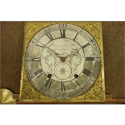  Late 18th century month clock movement by 'James Berry, Pontefract', silvered Roman and Arabic chapter ring, dial with scrolled engraved decoration, with winder, two weights and pendulum, dial size - 30.5cm x 30.5cm  