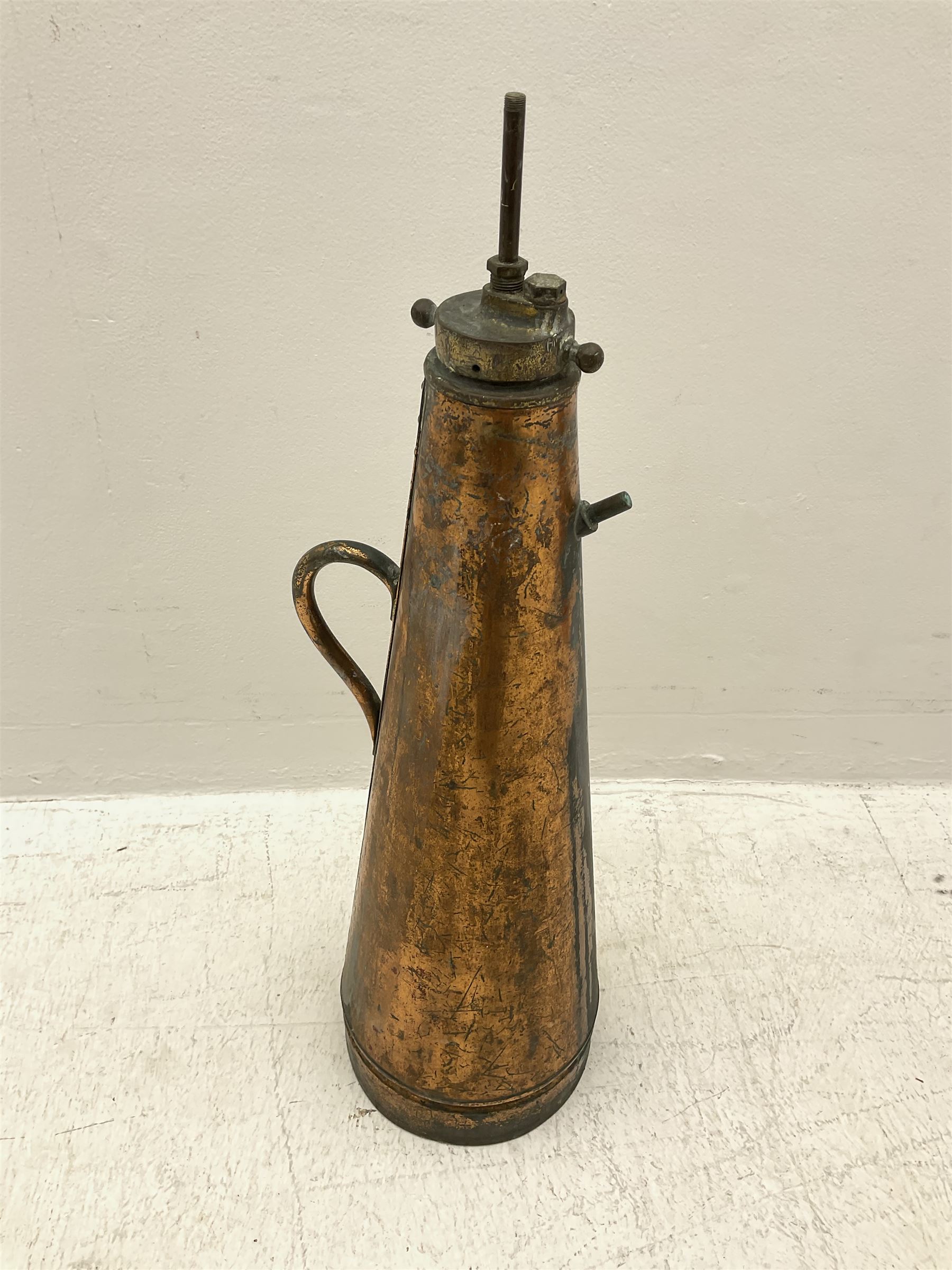 Copper Simplex fire extinguisher of conical form, with riveted body, H73cm