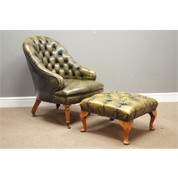  Georgian style library club armchair upholstered in antique green finish buttoned leather and matching footstool  