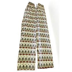Pair beige ground lined curtains with floral pattern, W380cm, Drop-255cm