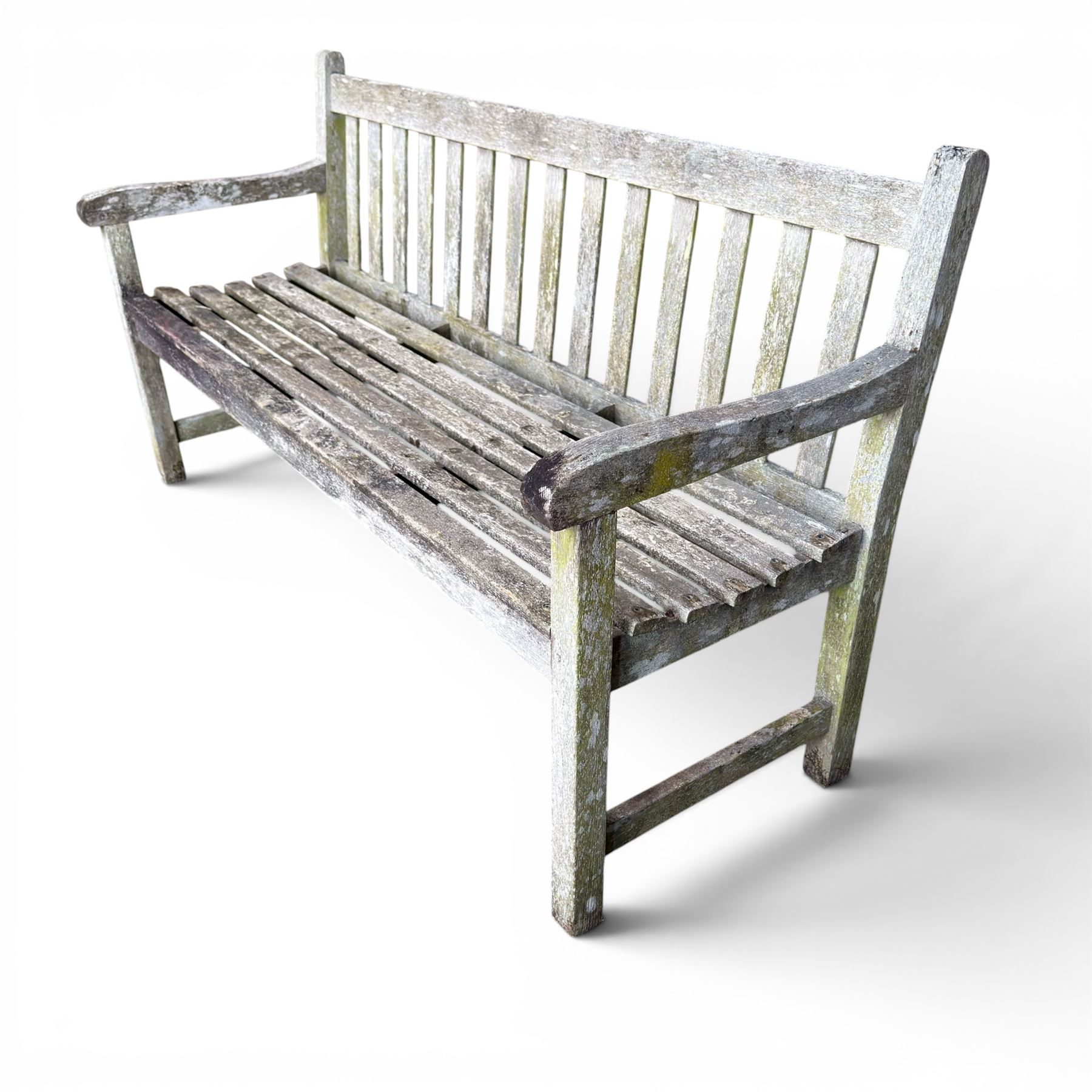 Weathered teak garden bench, slatted seat and back, square form arms and legs